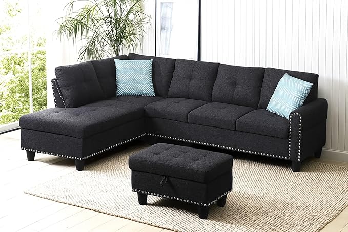 98 Inch L Shaped Sectional Sofa with Chaise Lounge, Storage Ottoman and 2 Pillows, 4-Seaters Linen Upholstered Tufted Couch w/Cupholder & Nailhead Trim for Living Room, Office, Charcoal Grey