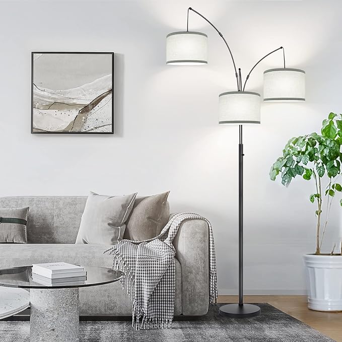 Dimmable Floor Lamp - 3 Lights Arc Floor Lamps for Living Room, 1000LM Modern Tall Standing Lamp With Gray Shades & Heavy Base, Mid Century Tree Floor Lamp for Bedroom Office, 3 LED Bulbs Included