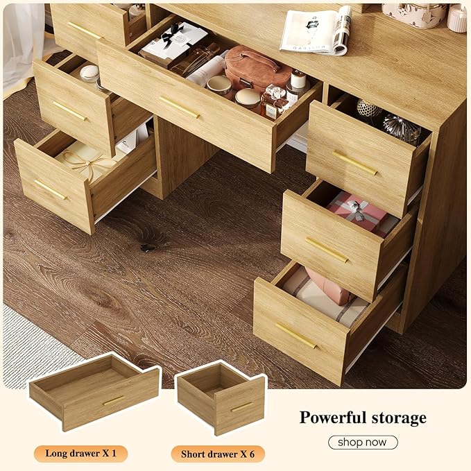 47'' W Large Vanity Desk with Mirror and Lights, 8 Storage Shelves 7 Drawers Vanity Table, Big Makeup Vanity Desk with 3 Lighting Modes, Vanity Dresser with Charging Station, Sliding Mirror (Natural)