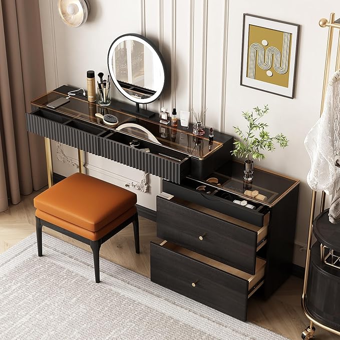 Lartis Makeup Vanity with Stool, Very Easy to Assemble,Retractable TV Cabinet Combination, Dressing Table Desk in one, Super Storage