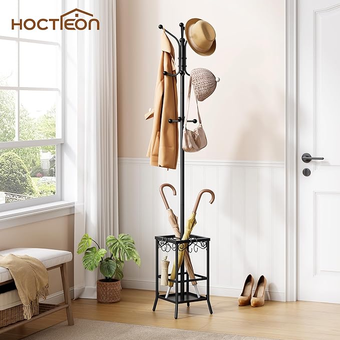 Hoctieon Coat Rack Freestanding, Coat Tree with Umbrella Holder, Metal Coat Rack Stand with 12 Hooks, Standing Coat Hanger Stand, Umbrella Stand for Entryway, Hat Rack Stand for Home Office, Black