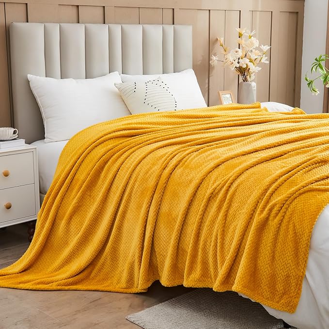 NEWCOSPLAY Super Soft Twin Blanket Mustard Yellow Premium Silky Flannel Fleece Leaves Pattern Lightweight Bed Blanket All Season Use (Mustard Yellow, Twin(60"x80"))