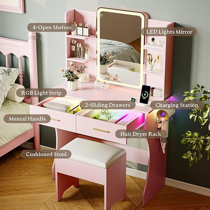 Pink Makeup Vanity Desk with Mirror and Lights, Small Vanity Table Set with Power Outlet, Dressing Table with 2 Drawer & 4 Storage Shelves, Adjustable RGB Lighting, Includes Chair for Girl’s Bedroom