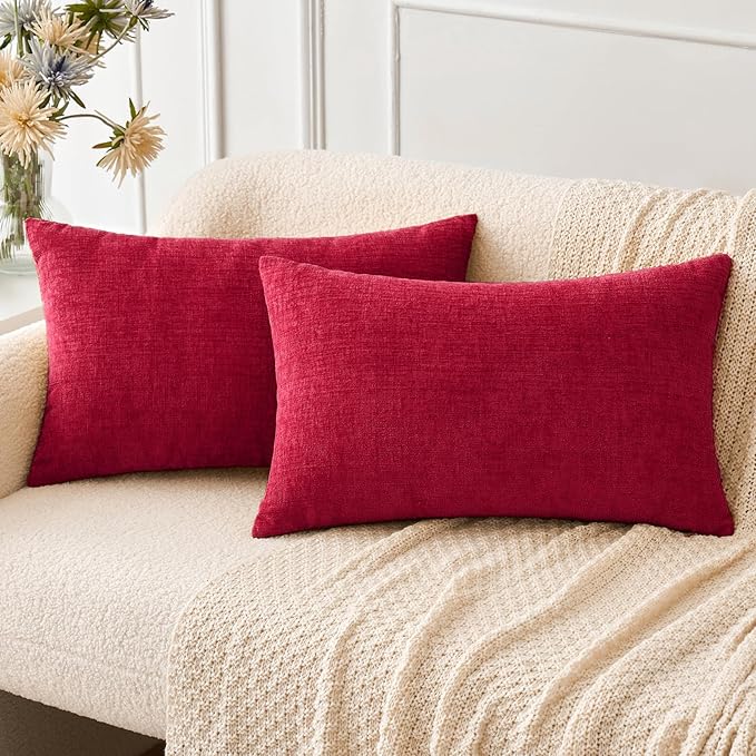 MIULEE Pack of 2 Red Couch Throw Pillow Covers 12x20 Inch Soft Chenille Pillow Covers for Sofa Living Room Solid Dyed Pillow Cases