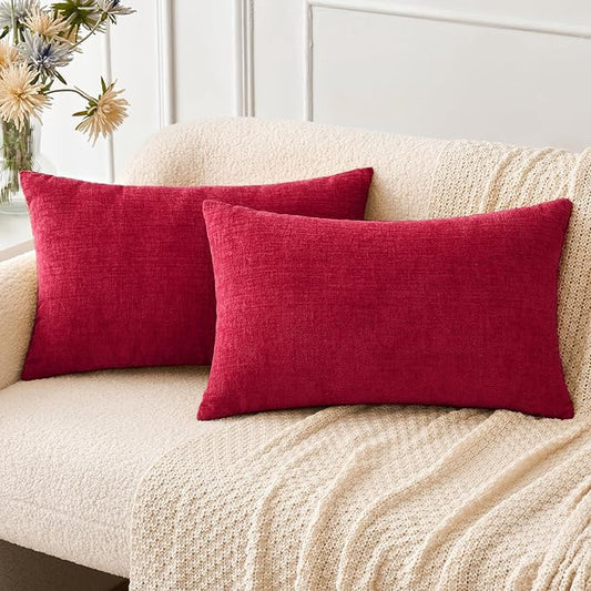 MIULEE Pack of 2 Red Couch Throw Pillow Covers 12x20 Inch Soft Chenille Pillow Covers for Sofa Living Room Solid Dyed Pillow Cases