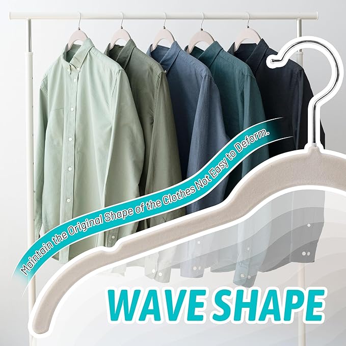 Premium Velvet Shirt Hangers 50 Pack, Non-Slip 360° Swivel Hook Slim Flocked Coat Hanger, Space Saving Felt Hanger for for Tank Top, Blouses, Strappy Dresses(Beige)