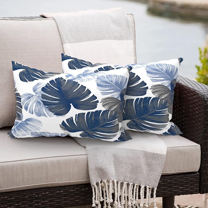 Outdoor/Indoor Lumbar Pillows, Water Repellent Cushion Pillows, 12x20 Inch, Outdoor Pillows with Inserts for Home Garden, Pack of 2, Monstera Blue
