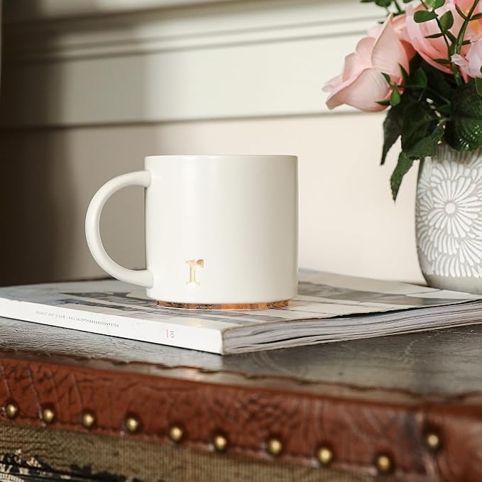 COLLECTIVE HOME - Monogram Ceramic Mugs, 15 oz Golden Initial Coffee Cups, Elegant Alphabet Tea Mugs, Elegant Personalized Mug with Gift Box, Luxurious Cups for Office and Home (r)
