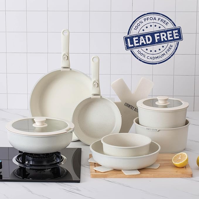 Country Kitchen Cookware Set with Removable Handle, Oven & RV Safe Pots and Pans Set, Cream, Deluxe Larger Set