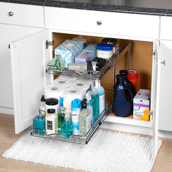 HOLDN’ STORAGE Pull Out Cabinet Organizer, Individual Sliding Drawers - Heavy Duty Metal with Lifetime Limited Warranty - Anti Rust Chrome Finish (Two Tier, 15" W)