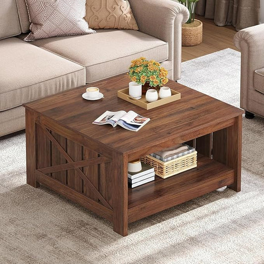 YITAHOME Farmhouse Coffee Table with Storage, Coffee Tables for Living Room Rustic Wood Cocktail Table, Square Coffee Table for Living Meeting Room with Half Open Storage Compartment, Walnut