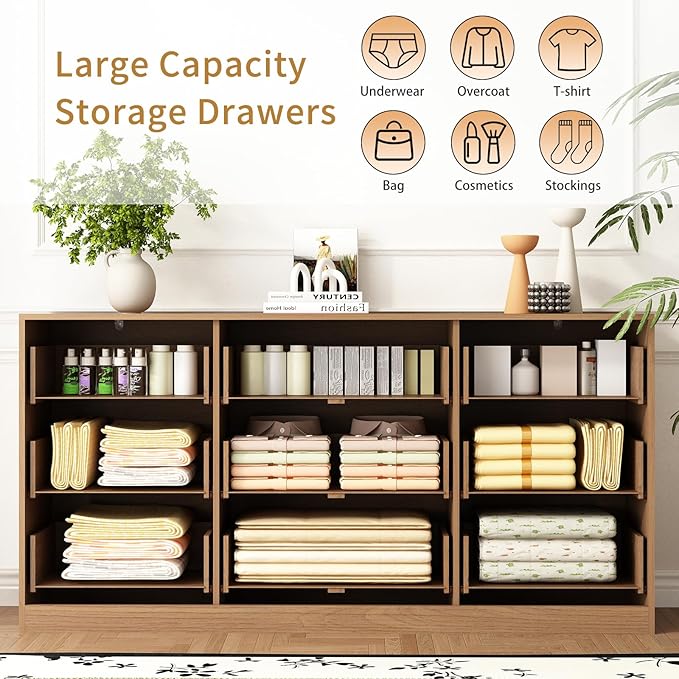 9 Drawer Dresser for Bedroom with Deep Drawers, 63" Wide Wood Dresser, Large Floor Chest of Drawers, Modern Long TV Stand, Mid Century Storage Cabinet Side Table, Natural