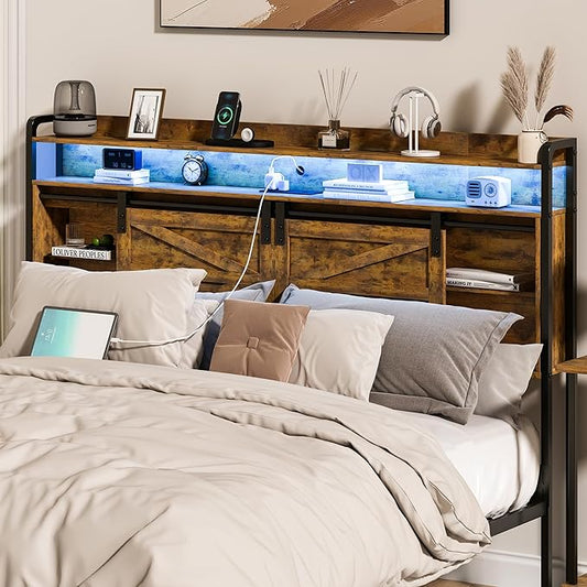 wanan Headboard Queen Size with Storage, 3 Tier Size Headboard only with Outlets, USB Ports and LED Light Strip, Headboards with Sliding Barn Doors, Adjustable Shelf (Brown, Queen (U.S. Standard))