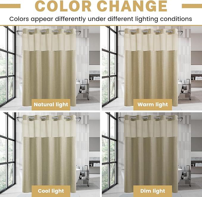 No Hook Shower Curtain with Snap in Liner, Polyester Textured Shower Curtain with Liner Set, Waterproof Washable Hotel Style Shower Curtains for Bathroom, 71Wx74H, Khaki