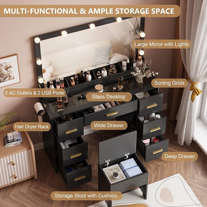 Vanity Desk with 38" Large Mirror and 9 LED Lights & Glass Top and Power Outlet, Adults Makeup Vanity with Chair and 7 Storage Drawers, Dressing Table Set for Bedroom, Modern Black