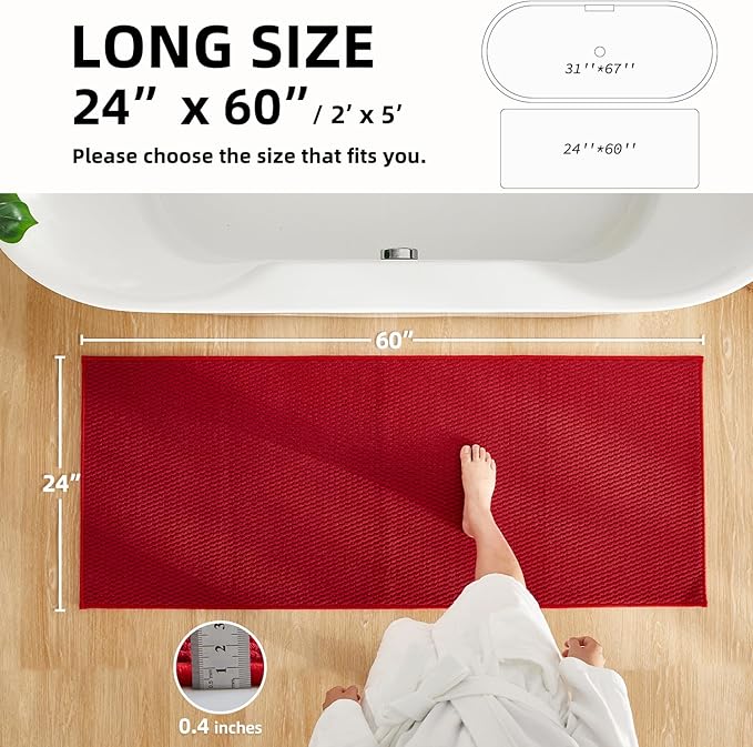 Bathroom Runner Rug, Long Bath Mat Washable Thin Quick Dry Low Pile Bathroom Runner Rugs 24 x 60 Non Slip, Red 24"x60"