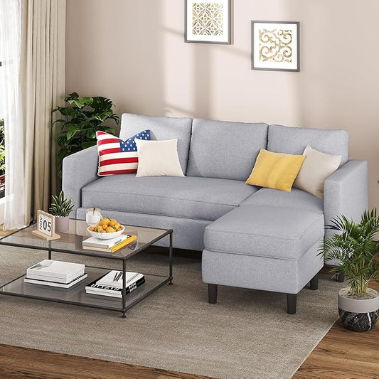 Shintenchi Small Sectional Couch Sofas, 3 Seat L Shape Sofa with Ottoman, Fabric Upholstered Convertible Sofa Couches, Small Couch for Apartments and Office (Light Grey)