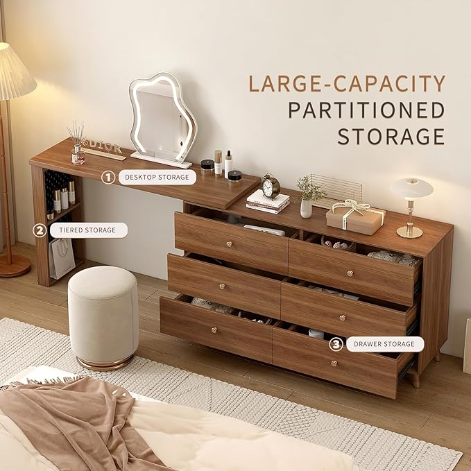 Makeup Vanity Set with Cloud-Pattern HD Lighted Mirror and Stool, 50-94in Extendable Mid-Century Modern Vanity Table, 6-Drawer Solid Wood Frame Storage Cabinet, Bedroom Dressing Table, Brown