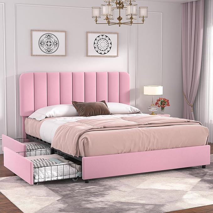 VECELO Queen Size Upholstered Bed Frame with 4 Drawers and Headboard, Velvet Platform Storage Bedframe, Wooden Slats Support, No Box Spring Needed,Pink