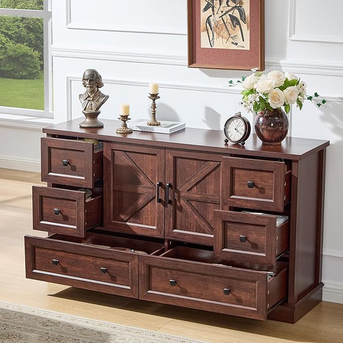 LIDYUK 6 Drawer Cherry Wood Dresser for Bedroom Farmhouse Dresser Chest of Drawers, 55" Wide Clothes Organizer with Storage Cabinet Wood Chest of Drawers for Bedroom, Living Room