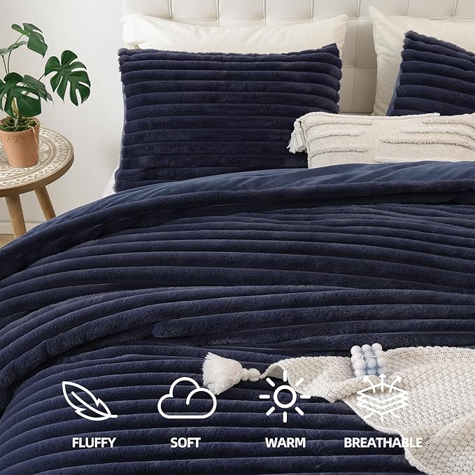 Smoofy Fluffy Queen Size Comforter Set 3 Pieces - Navy Blue Fleece Fluffy Comforter Set, Luxury Fuzzy Queen Bedding, Soft Warm Queen Bed Set All Season, Heavy Faux Fur Comforter with 2 Pillow Cases