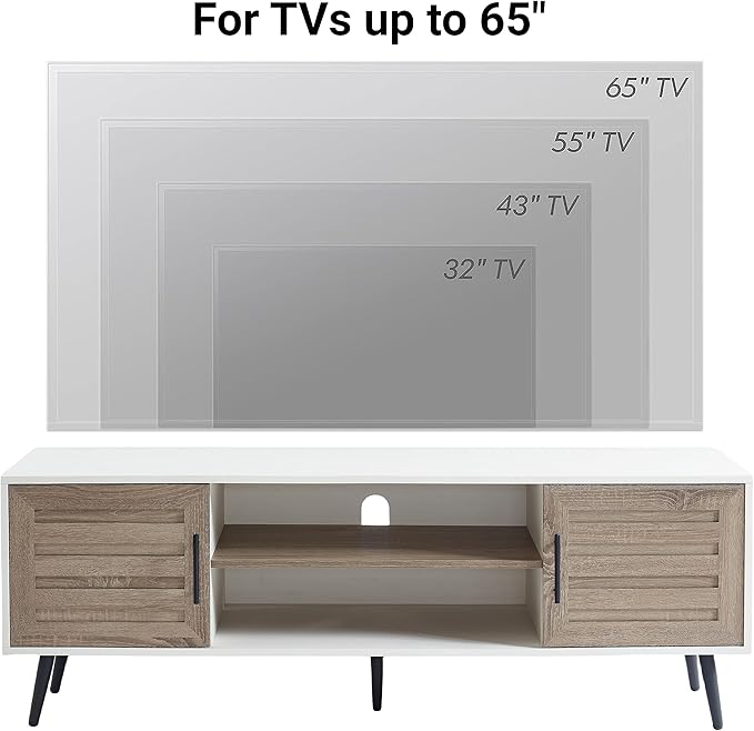 EDYO LIVING Mid Century Modern TV Stand for 65" TV, Wood TV Stand with Storage Cabinet and Open Shelf, Entertainment Center, TV Console Table for Living Room, White Walnut
