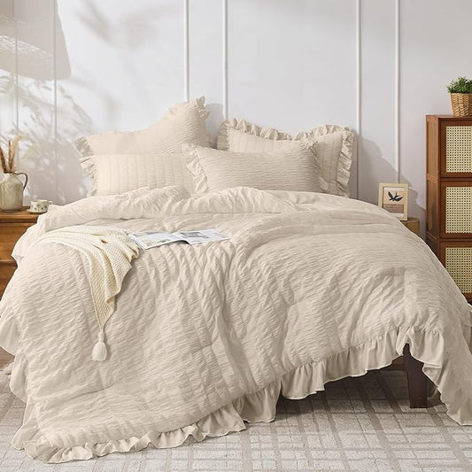 JOLLYVOGUE Beige Comforter Full Size, 3 Pieces Seersucker Lightweight Full Size Bedding, All Season Fluffy Microfiber Bedding Comforter Set with 1 Ruffle Comforter and 2 Ruffle Pillowshams