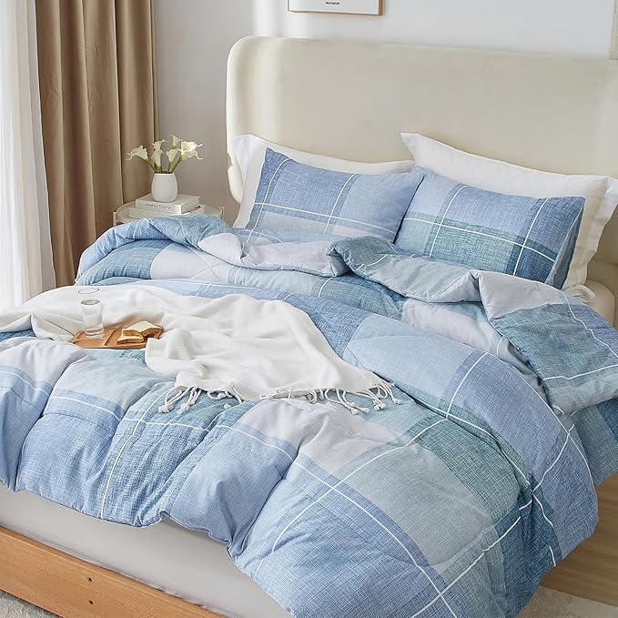 mixinni Full Comforter Set for Boys Simple Style Modern Geometric Blue Checkered Plaid Printed Cofmorter for All Season,1 Lightweight Comfroter and 2 Pillow Shams-Full Size