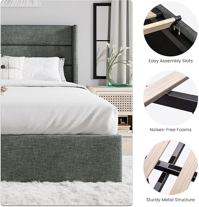 SHA CERLIN Queen Size Lift Up Storage Bed/Modern Wingback Headboard/Upholstered Platform Bed Frame/Hydraulic Storage/No Box Spring Needed/Wood Slats Support/Dark Grey