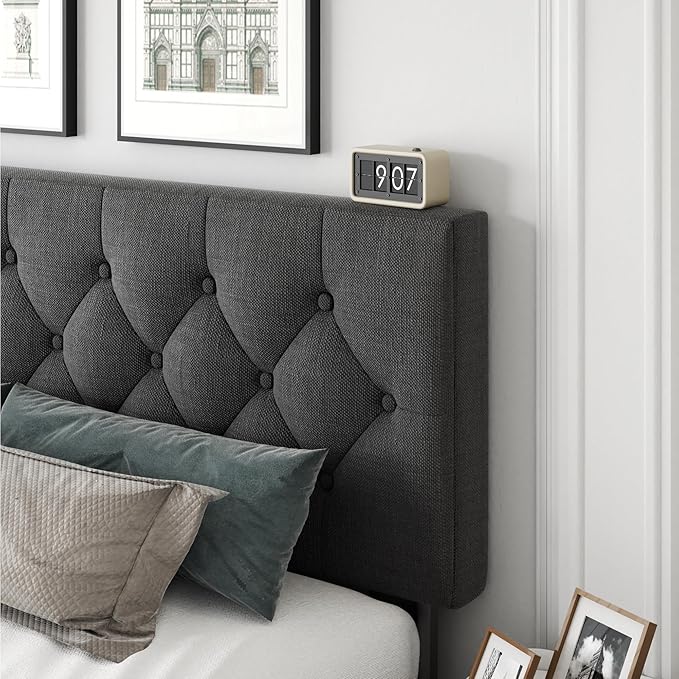 King Size Platform Bed Frame with Upholstered Headboard, Button Tufted Design, Strong Wooden Slats, No Box Spring Needed, Easy Assembly, Noise Free