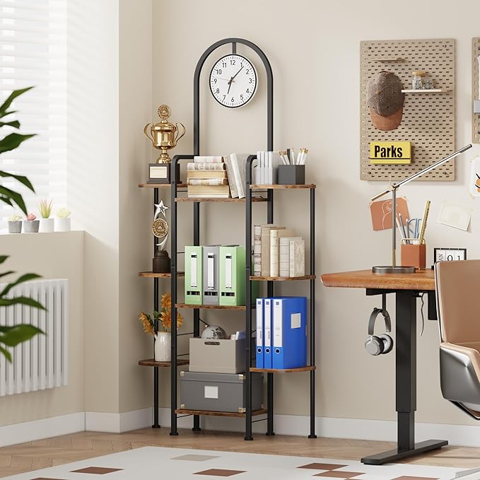 Bookshelf with Wall Clock, Triple Bookcase with Open Display Shelves, Industrial Style Book Shelves, Modern Display Shelf for Living Room, Bedroom, Home Office, Rustic Brown