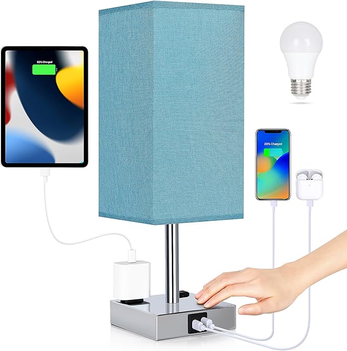Bedside Lamp with USB Ports - Touch Control Table Lamp for Bedroom with USB C+A Charging Ports & AC Outlets, 3 Way Dimmable Nightstand Light with Flaxen Shade for Living Room (LED Bulb Included, Blue)