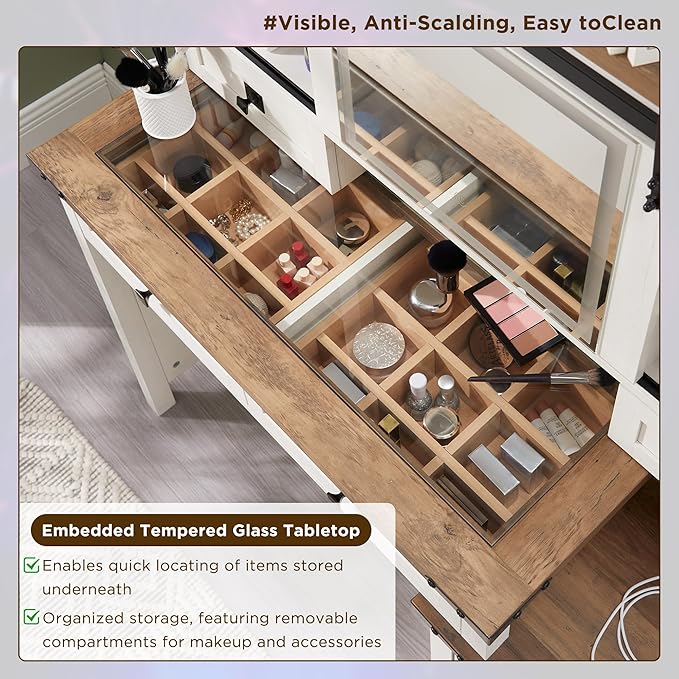 T4TREAM 48'' Farmhouse Makeup Vanity Desk with Sliding HD Mirror and Lights, Big Modern Lighted Vanity Table with 7 Drawers & Shelves, Rustic Large Dressing Table, Antique White