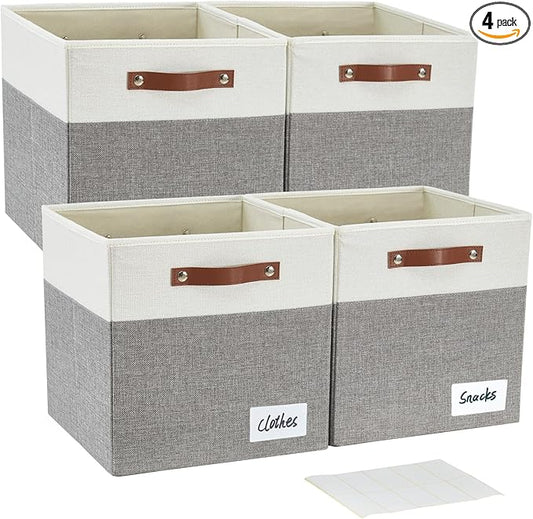 Collapsible Fabric Storage Cube Bins with 2 Reinforced PU Handles, Foldable Storage Organizer Baskets for Closet, Shelves, Living Room | 13"x13"x13", 4 Pack, Gray & White