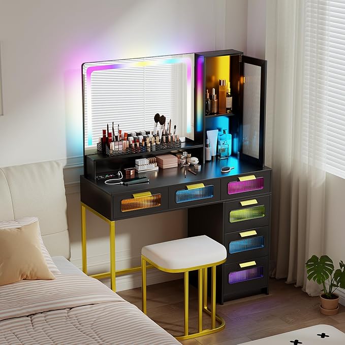 Vanity Desk with Mirror and RGB Lights, Makeup Vanity Desk with Wireless Charging Station,Large Dressing Table Set with Stool,LED Vanity Table with 6 Drawers/Cabinet/Shelves for Bedroom, Black