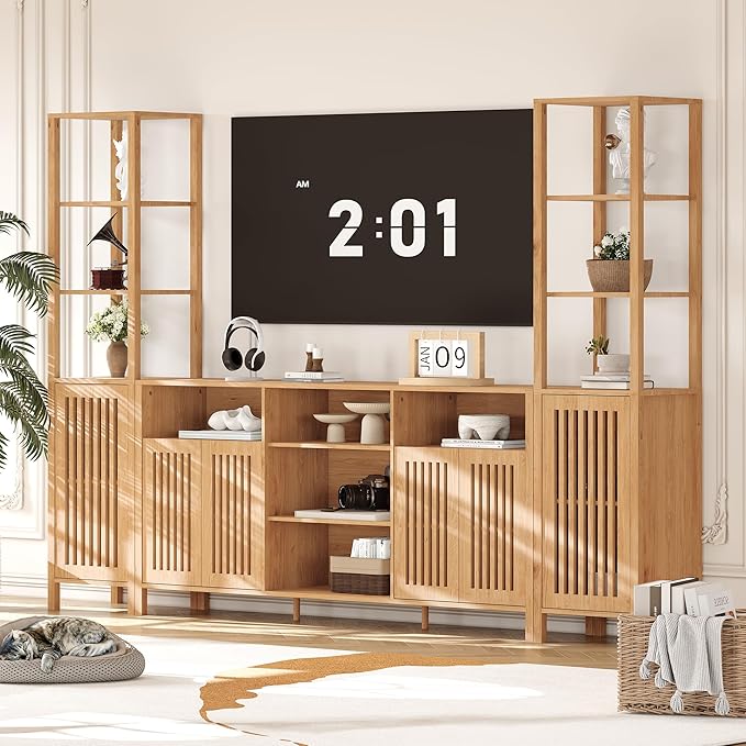 Entertainment Center with Bookshelves, Farmhouse TV Stand for 70 Inch TVs, TV Stands for Living Room w/Adjustable Shelves & Storage Cabinet, Modern Console Cabinet for Bedroom Home Theater