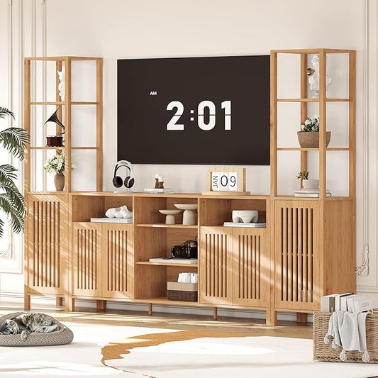 Entertainment Center with Bookshelves, Farmhouse TV Stand for 70 Inch TVs, TV Stands for Living Room w/Adjustable Shelves & Storage Cabinet, Modern Console Cabinet for Bedroom Home Theater