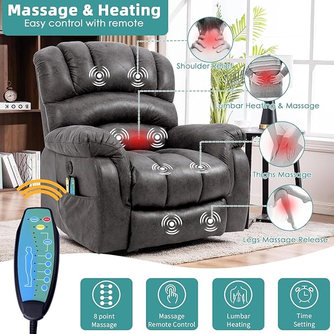 MEETWARM Tall Man Large Power Lift Electric Recliner Chair with Extended Footrest for Elderly, Overstuffed Wide Recliner with Heat & Massage, 2 Remote Controls, Side Pockets, USB Ports(Gray)