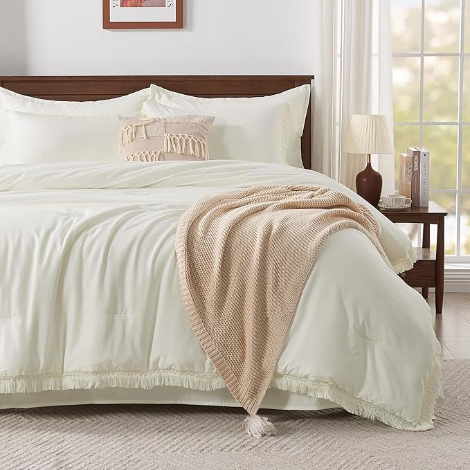 Andency Ivory Queen Size Comforter Set with Sheets - 7 Pieces Boho Tassel Bed in a Bag Soft Lightweight Bedding Sets, Ivory Fringe Bed Set with Comforter, Sheets, Pillowcases & Shams
