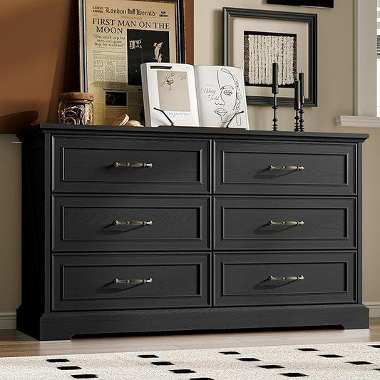 Farmhouse 6 Drawers Dresser for Bedroom, 48" Wide Modern Chest of Drawers with Deep Drawers & Bar Handles, Rustic Wood Dresser TV Stand, Wooden Closet Storage Organizer for Living Room, Hallway, Black