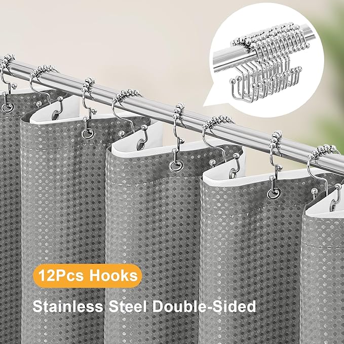 3 in 1 Extra Long Shower Curtain Set-72 W x 84 H, Grey Waffle and PEVA Liner Set with 12 Stainless Steel Hooks, Waterproof Fabric for Bathroom
