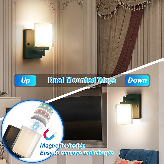 Battery Operated Wall Sconce Set Of 2, 10000mAh Wireless Rechargeable Wall Sconce With Remote Control, RGB Dimmable Bathroom Light Fixtures With Double Clear Glass Shade For Mirror Bedroom Living Room