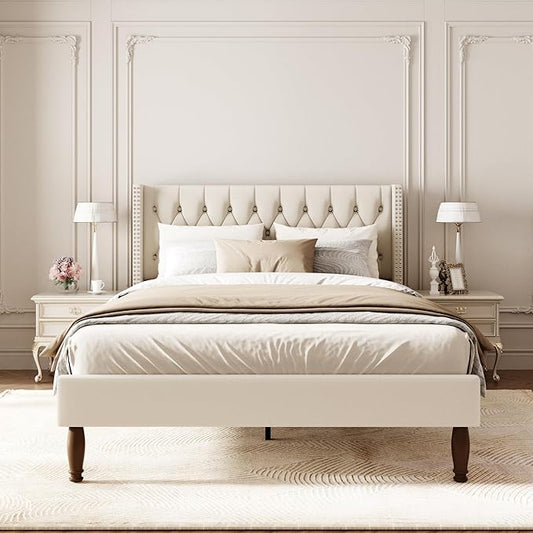 Queen Size Velvet Upholstered Bed Frame, 49.2" Tall Wingback Headboard, Deep Button Tufted, No Box Spring Needed, Solid Wood Legs, White