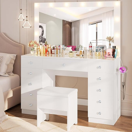 IRONCK 46'' Makeup Vanity Set with LED Mirror & Power Outlet - 11 Drawers, Glass Top, Hair Dryer Rack, Dressing Table with Storage Bench for Bedroom, 3 Lighting Color Adjustable, White