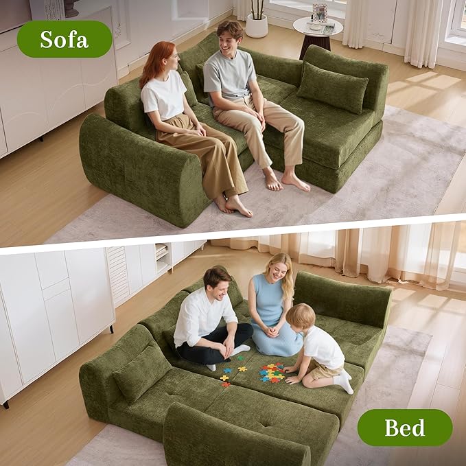 MAXMAXX 102" Modular Sectional Cloud Sofa,4-in-1 Folding Convertible Sofa Bed, Floor Boneless Couch, Modular Cushion Couch,Suitable for Living Room,Bedroom and Recreation Room (Green)