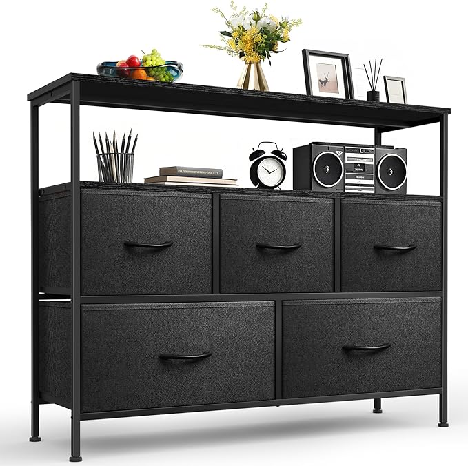 TV Stands for 42 inches TV, TV Stands for Living Room, Entertainment Center with Storage, TV Console with Open Shelves (Black and Charcoal Black)