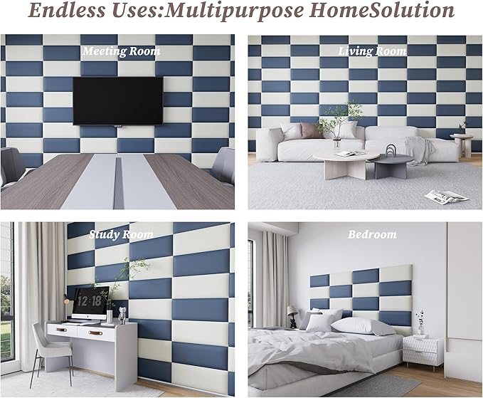 Leather Black and White Upholstered Queen Headboard, 12PCS Peel and Stick Wall Panels, Tufted Bed Backboard for Modern Wall Beds, 10"x24" Each, Leather - Blue and White