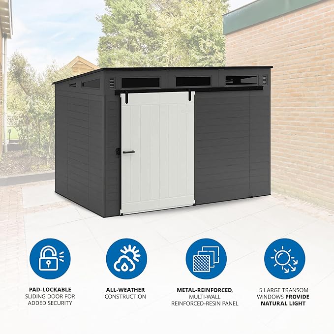 Suncast Modernist 10 Foot by 7 Foot Outdoor Plastic Storage Shed with Pad Lockable Sliding Barn Door for Outdoor Storage Items, Gray and Black