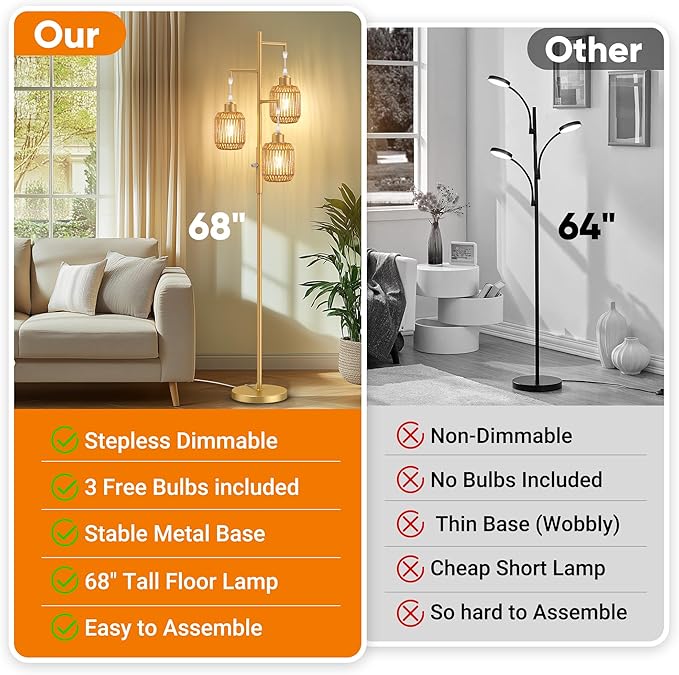 ROTTOGOON Dimmable Boho Floor Lamp - 3 Light Farmhouse Rattan Floor Lamp for Living Room, Industrial Tree Floor Lamps with 3 X 6W LED Bulbs, Rustic Standing Tall Lamp for Bedroom, 68", Gold