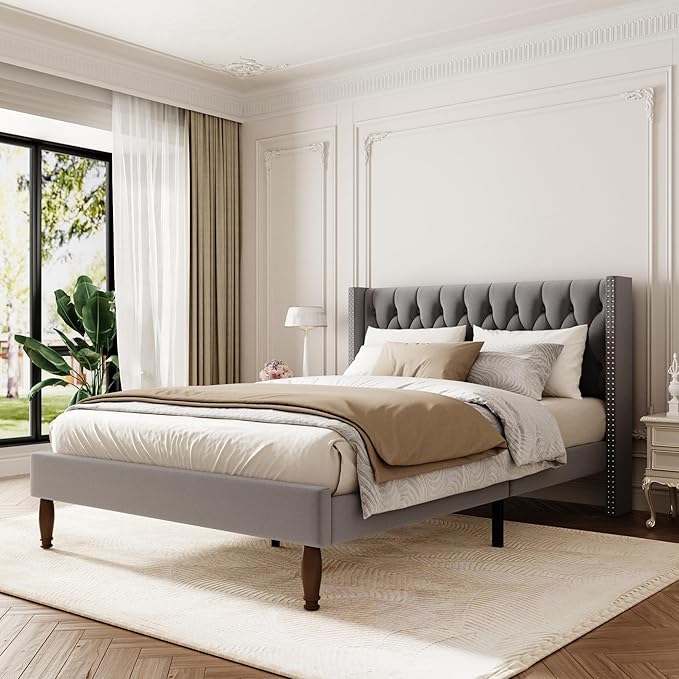 Queen Size Velvet Upholstered Bed Frame, 49.2" Tall Wingback Headboard, Deep Button Tufted, No Box Spring Needed, Solid Wood Legs, Grey